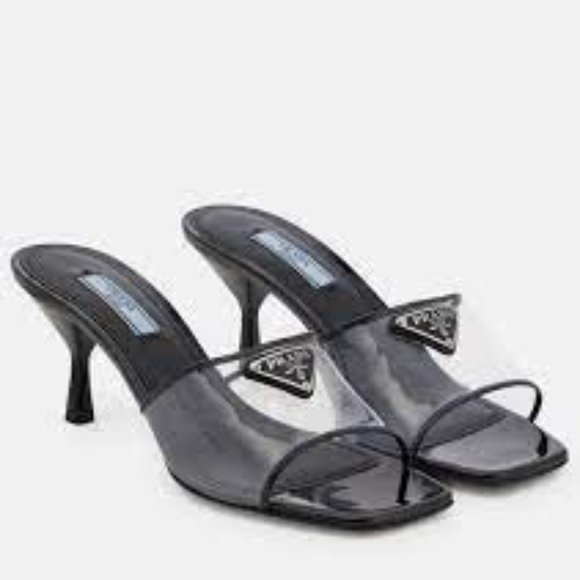 PRADA Signature Triangle Logo PVC Patent Mule Sandals Heels Slides Shoes - Picture 1 of 15